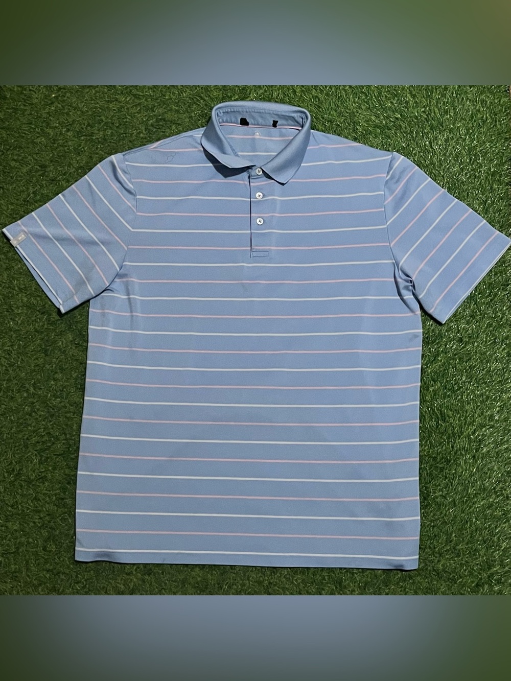 RLX Ralph Lauren Wicking Short Sleeve White Striped Golf Polo Blue Shirt Men’s L